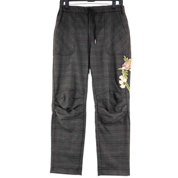 BYE Womens Size M Pants Plaid Floral Applique Stretch Brown Made in Italy - Picture 1 of 12